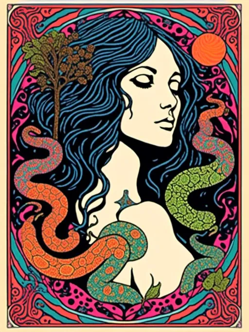 Prompt: <mymodel>Trippy, psychedelic poster art illustration of Eve with snake, victorious forbidden knowledge, loving, gracious, tree of life fruit, vibrant colors, intricate patterns, high quality, detailed illustration, psychedelic art, surreal, loving  gaze, vibrant color palette, intricate details, symbolic, graceful pose, spiritual, mystical lighting