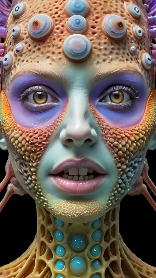 Prompt: Extremely hyperrealistic ultra textural trippy surreal beautiful but odd unsettling psychedelic creature- a psychedelic diatomaceous creature entity queen with lots of crazy psychedelic human compound eyes, rows upon rows of human teeth.  head, face, body, fungus, oil slick rainbow sheen effect, holographic, hologram, translucent, vivid colors white, tons and tons of light, bright pastel colors, Gyroid Structures. Diatoms: bacillariophyta, siliceous, valves, girdle bands, raphe, striae, puncta, areolae, costae, rimoportula, fultoportula, chloroplasts, auxospore, epitheca, hypotheca, mucilage, frustule symmetry, valve morphology, pennate diatoms, centric diatoms, motile, non-motile, biofilm, epiphytic, epilithic, epipsammic, biogenic silica, diatomaceous earth, primary producers, carbon fixation, biogeochemical cycles, diatom blooms, paleoecology, nanostructures, microalgae, environmental indicators, aquatic ecosystems. geometric, symmetrical, radial, bilateral, elongated, circular, triangular, oval, star-shaped, pennate, centric, intricate, lattice-like, perforated, silica, frustules, ornate, microscopic, diverse, varied, delicate, transparent, golden-brown, pillbox-shaped, chain-forming, solitary, colonial, planktonic, benthic,