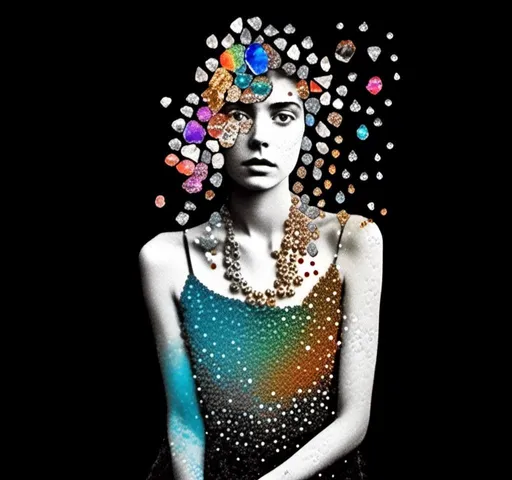 Prompt: A mixed media collage involving a photograph of a young woman (black and white or color halftones) edited and added to with things like paint, glitter, enamels, silver and copper foil/paint, sequins, beads, cut colored glass sections, etc so that it appears that glowing colorful crystals and minerals are growing out of her and across the image.,<mymodel>