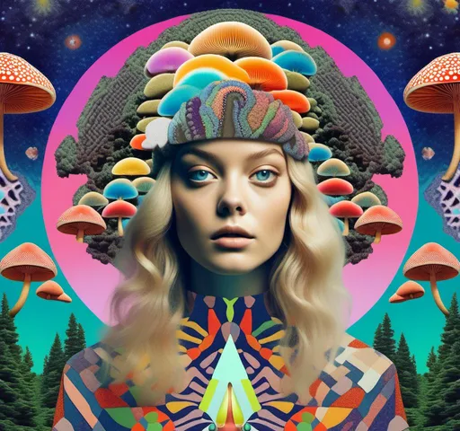 Prompt: a psychedelic collage reminiscent of 70s psychedelic sci fi collage artwork celebrating a girl on mushrooms. It is to feature a photograph of a woman with blond curly hair that is edited by splicing it with other images from photographs, magazines, newspapers, illustrations/paintings to create the impression she is high on magic mushrooms. The work will include such elements as a psychedelic 3rd eye open, stars and planets, trippy optical illusions and patterns, psilocybin cubensis mushrooms, fractals, UFOs, aliens, geometric shapes, auras, rainbow spectrums, sacred geometry, trippy drippy stuff, psychedelic hallucinations, open eyes, landscapes of astral worlds<mymodel>