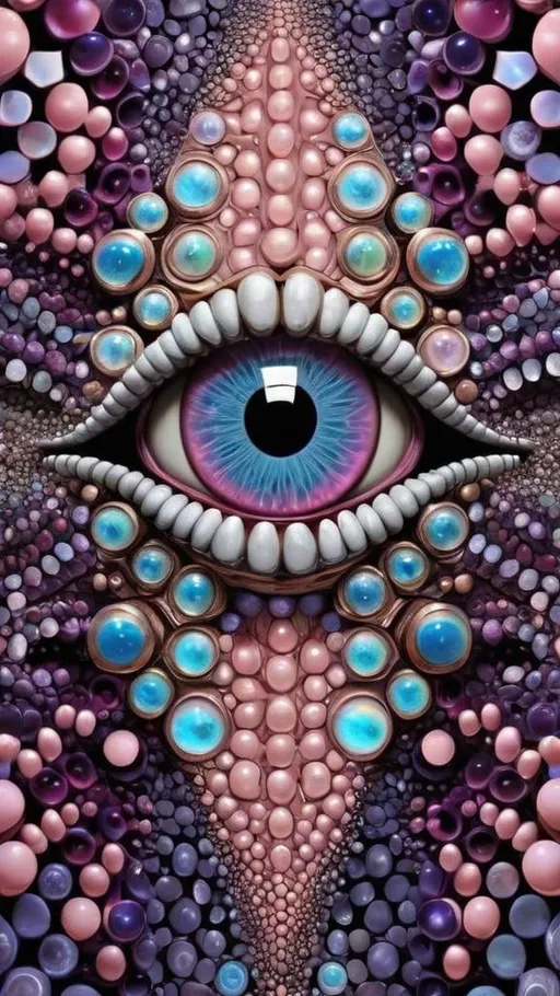 Prompt: Create an extremely hyper-realistic, ultra super textural, weird, trippy, surreal, psychedelic eyes/teeth/mouth pattern/design based on Mandelbrot & “Op Art tiling” with lots of human eyes (crazy colorful compound psychedelic), rows of human teeth, human lips, and tongues. 

- **Colors**: determined by the properties and expressions of the elements (& their isotopes), minerals, and metals: opal, moonstone, amethyst, rose quartz, Platinum (Pt)

**Shapes and forms**
- Mandelbrot 
- "Op Art tiling" 
-other shapes determined by the natural properties and expressions of the elements (& their isotopes), minerals, metals, and biological organisms: opal, moonstone, amethyst, rose quartz,  Platinum (Pt)


- **Textures**: Derived from any/all elements (& their isotopes), minerals, metals, crystals, organic things mentioned in this prompt: opal, moonstone, amethyst, rose quartz, Platinum (Pt)

**Composition and Layout**:
- a pattern/design based on the Op Art tiling & Mandelbrot 

**Lighting**:
- lots of bright light
- Phosphorescence

**Detail and Atmosphere**:
- Extreme hyperrealistic sharp high detail high definition organic and mineral textures
- Psychedelic, weird, odd, surreal atmosphere
- Frozen in time

**Additional Elements**:
- extra rows of teeth, lips, many eyes, Op Art tiling, Mandelbrot 
