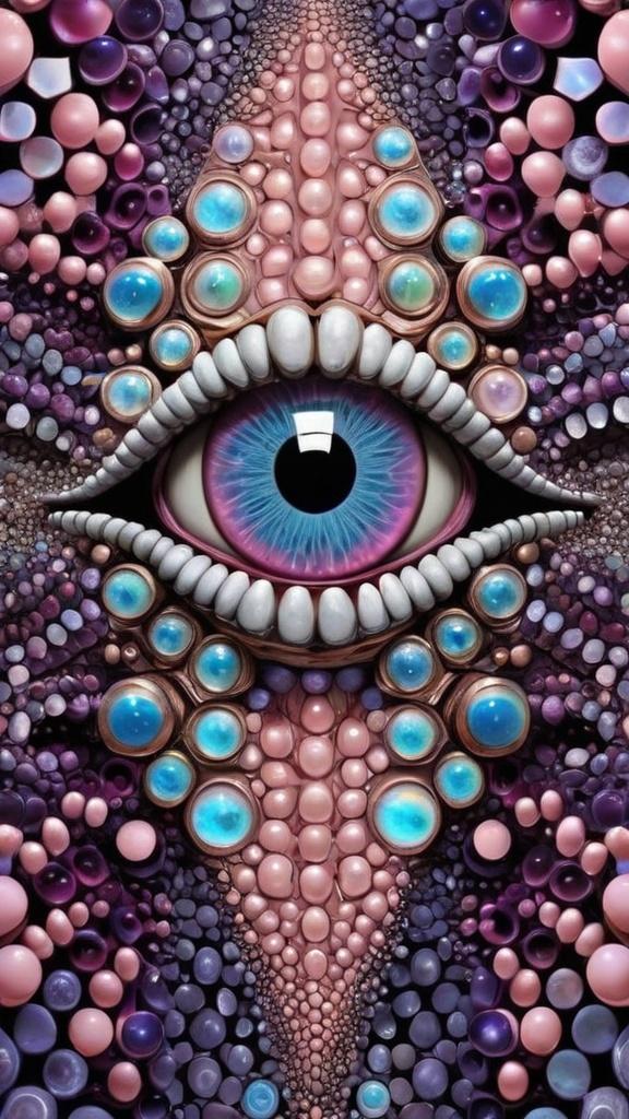 Prompt: Create an extremely hyper-realistic, ultra super textural, weird, trippy, surreal, psychedelic eyes/teeth/mouth pattern/design based on Mandelbrot & “Op Art tiling” with lots of human eyes (crazy colorful compound psychedelic), rows of human teeth, human lips, and tongues. 

- **Colors**: determined by the properties and expressions of the elements (& their isotopes), minerals, and metals: opal, moonstone, amethyst, rose quartz, Platinum (Pt)

**Shapes and forms**
- Mandelbrot 
- "Op Art tiling" 
-other shapes determined by the natural properties and expressions of the elements (& their isotopes), minerals, metals, and biological organisms: opal, moonstone, amethyst, rose quartz,  Platinum (Pt)


- **Textures**: Derived from any/all elements (& their isotopes), minerals, metals, crystals, organic things mentioned in this prompt: opal, moonstone, amethyst, rose quartz, Platinum (Pt)

**Composition and Layout**:
- a pattern/design based on the Op Art tiling & Mandelbrot 

**Lighting**:
- lots of bright light
- Phosphorescence

**Detail and Atmosphere**:
- Extreme hyperrealistic sharp high detail high definition organic and mineral textures
- Psychedelic, weird, odd, surreal atmosphere
- Frozen in time

**Additional Elements**:
- extra rows of teeth, lips, many eyes, Op Art tiling, Mandelbrot 
