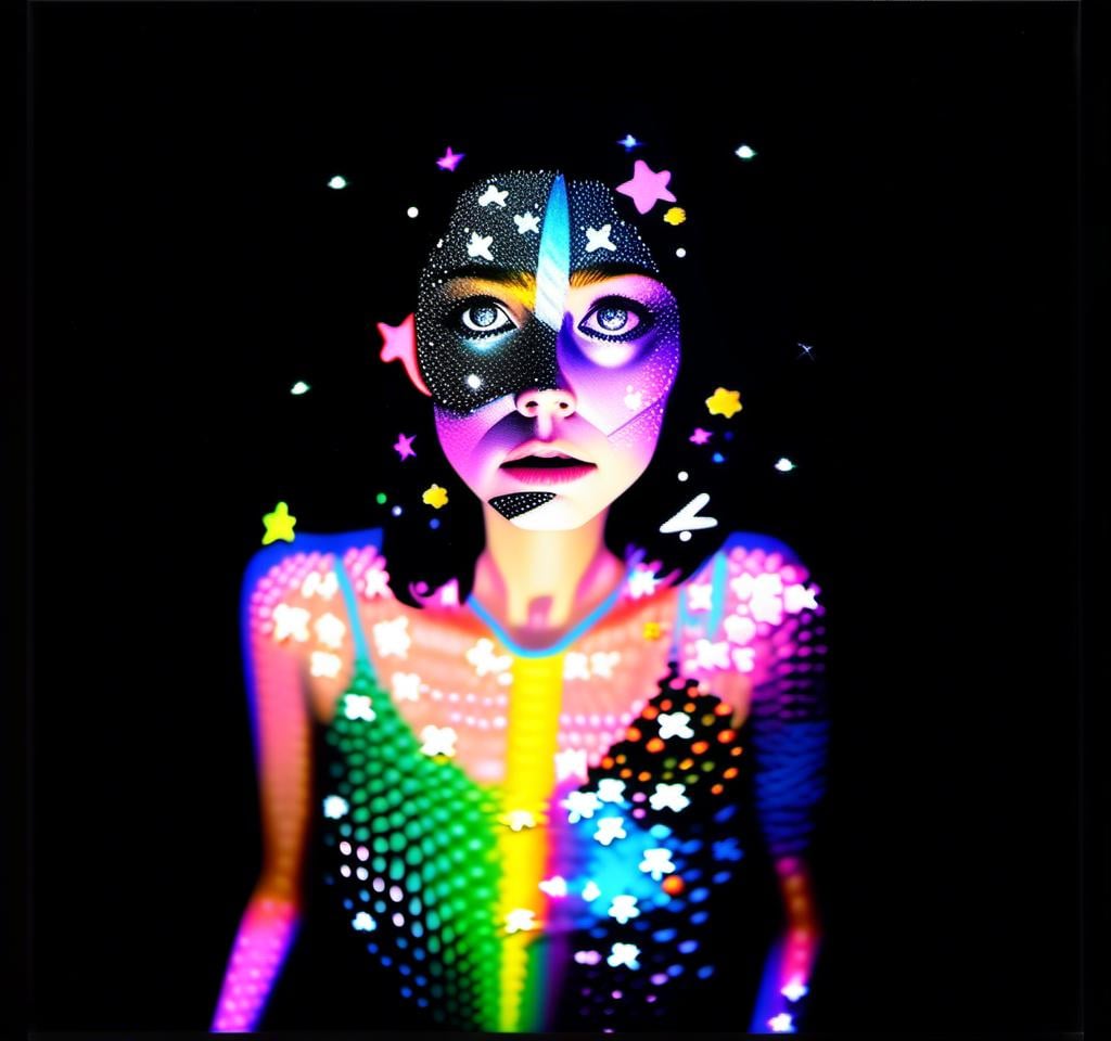 Prompt: a photograph (black and white or halftone) of a woman with multimedia colorful galaxies and stars in her wide eyes who is vomiting pure rainbows and stardust sparkles. She wretches as a beautiful spectrum of colorful light and sparklies made of paint, enamel, glitter, foils, pearl dust, rhinestones, metal, beads, marker, etc spills from her open mouth with force lighting up the room<mymodel>