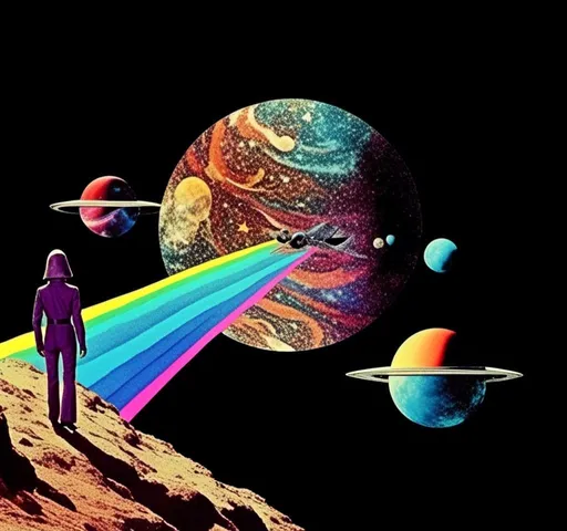 Prompt: a psychedelic collage with a vintage 70s sci-fi animation feel to it except the subject matter will be CATS IN SPACE! The collage will have elements of photography, illustration, trippy patterns and optical illusions, alien landscapes, strange trippy planets, UFOs,, meteors, all cut and spliced together in a psychedelic collage style <mymodel>