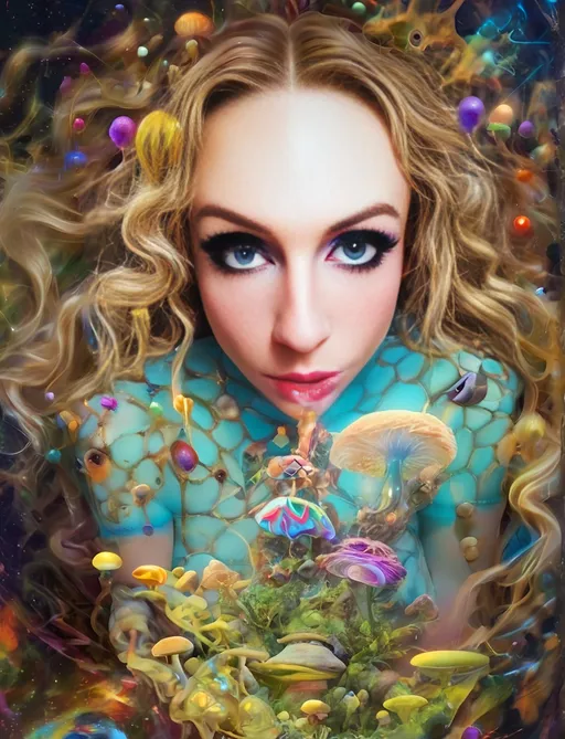 Prompt: Blonde girl with long, curly hair, psychedelic mushroom wonderland, psilocybin, DMT, trippy hallucinations, fractals, multidimensional geometry, auras, vibrant and surreal, high quality, surreal art, colorful, vibrant lighting, holograms, grid lines of the universe, underlying geometric structure of reality