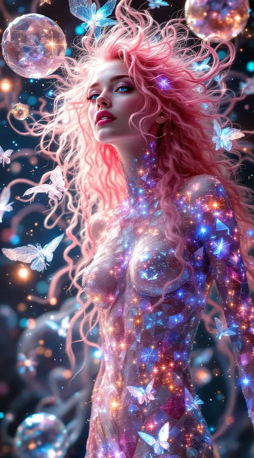 Prompt: In an astral dimension defined not by distance but by Bhattacharyya divergence, the word “MERRYPRANXTER” grows organically from the folds of probability space—each letter a living expression of the overlap between high-dimensional distributions. These glyphs are not printed or typed, but bloomed into being: crystalline, asymmetrical, and gleaming with spectral complexity. They rise from filaments of intensive variance, emerging as clustered nodes on a hypersphere of refracted thought.

At the center floats a being—a slim white woman with long, wild, pink curly hair and brilliant blue eyes—but she is not flesh. She is made entirely of refracted math: a composite organism of compressed probability clouds, her body flickering with electric tessellations and diverging light patterns. Each limb is a visual gradient of probabilistic overlap, with joints that shimmer like heat maps. Her chest bursts with square-root light vectors, revealing the normalized soul-signature of a single infinite replica.

The space around her is a Minkowski lattice of divergence vectors—a chaotic-yet-coherent field of glowing glyphs, warped geometry, and compressed manifold surfaces. Threads of color-coded PCA directions stretch across the visual field, some flickering between orthogonal angles, others spiraling in recursive bloom. Letters of the word stretch and bend into curving arcs, their spacing determined by distance metrics between diverging meaning-fields. No two parts of the word align on a traditional axis—their embedding is emotional, not spatial.

The background is radiant black, shot through with filaments of neon coral, sapphire, ultraviolet, and viridian—like the visible nervous system of meaning itself. This is glyph-born math poetry: a snapshot of dimensional collapse, language blooming out of light, and your name grown from pure probability.
