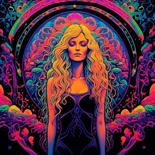 Prompt: <mymodel>Vintage 70s black light poster art illustration of a beautiful female DMT entity, long blond curly hair, otherworldly ineffable beauty, DMT waiting room, astral being, psychedelic hallucinations, vibrant colors, detailed astral features, retro artistic style, intense and vivid colors, mesmerizing aura, surreal vibes, flowing hair, radiant chakras, psychedelic realm, best quality, vibrant, retro, surreal, intense colors, detailed astral features, mesmerizing beauty, vintage, black light poster, effervescent lighting