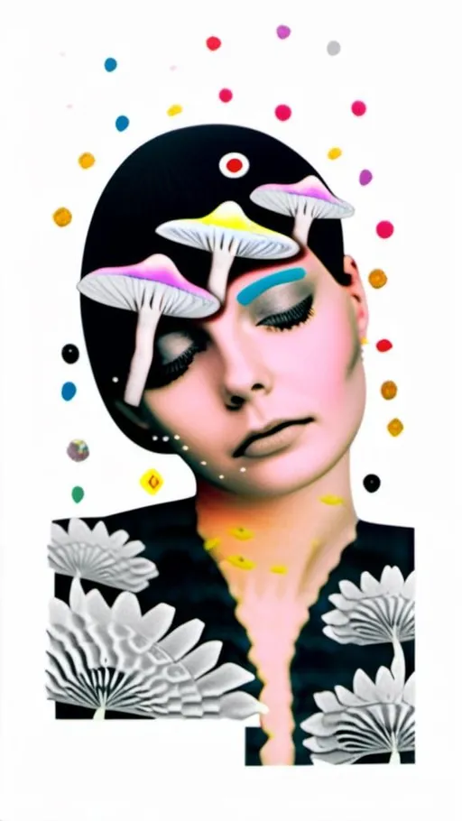 Prompt: A mixed media collage of a black and white photograph of a young woman growing all kinds of colorful multimedia psychedelic mushrooms and fungus out of her body (incorporate things like- but are not limited to - vibrant paints, enamels, glitters, metallic foils, newspaper and magazine cut paper, paint spatter, etc)<mymodel>