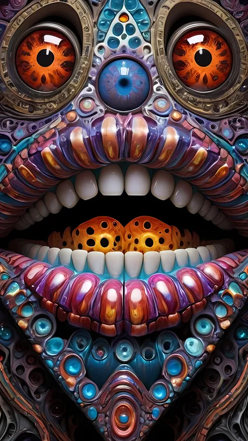 Prompt: Create an extremely hyper-realistic, ultra super textural, weird, trippy, surreal, psychedelic eyes/teeth/mouth pattern/design based on the “labyrinth fractal” & “op art tiling” with lots of human eyes (crazy colorful compound psychedelic), rows of human teeth, human lips, and tongues. 

- **Colors**: determined by the natural properties and expressions of the elements (& their isotopes), raw rough minerals, and metals:
- Molybdenum (Mo)
- Fire Opal

**Shapes and forms**
- main form: “labyrinth fractal”
-other shapes determined by the natural properties and expressions of the elements (& their isotopes), raw rough minerals, metals, and biological organisms: 
- Molybdenum (Mo)
- Fire Opal

- **Textures**: Derived from any/all elements (& their isotopes), minerals, metals, crystals, organic things mentioned in this prompt: 
- “labyrinth fractal”
- Molybdenum (Mo)
- Fire Opal

**Composition and Layout**:
- a pattern/design based on “labyrinth fractal”
- 3 dimensional


**Lighting**
- lots and lots of bright shining reflective light
- opalescence


**Detail and Atmosphere**:
- Extreme hyperrealistic sharp high detail high definition organic and mineral textures
- Psychedelic, weird, odd, surreal atmosphere
- Frozen in time

**Additional Elements**:
- extra rows of teeth, lips, many eyes, “labrynth fractal”, Aventurescence, Chatoyancy
