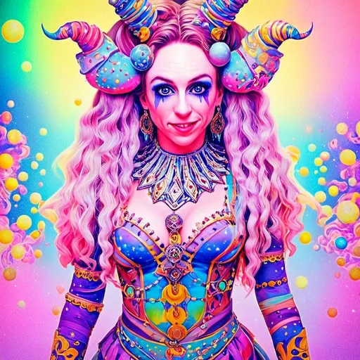 Prompt: A super hyperrealistic yet also illustrative and creative female cosmic jester, made entirely of swirling pure colored light, with long wild curly hair that appears blond but dazzles as a spectrum of hues, floats effortlessly in the heart of a kaleidoscopic nebula. Adorned in avant-garde "astral" jester's attire, her ensemble is a masterpiece of ever-shifting patterns, her definitive jester’s hat extending into infinite fractal shapes that seem to defy the laws of space. Her intricate clown makeup glows with phosphorescent neon greens, electric pinks, and ultraviolet blues, accentuating her mischievous, otherworldly charm. Around her, the stars pulse like strobes in a cosmic dance party, and she juggles shimmering orbs of liquid starlight that burst into tiny galaxies upon contact, each orb reflecting infinite multiversal possibilities. The space surrounding her vibrates with celestial harmonics, a symphony of astral wonder, while an aurora of quantum particles weaves itself into a living tapestry of harlequin diamond fractals, tiling and morphing endlessly. She sparkles and dazzles as her laughter chimes like crystalline bells, embodying the essence of cosmic whimsy and wonder, a living Möbius strip of light and joy in an infinite astral playground.