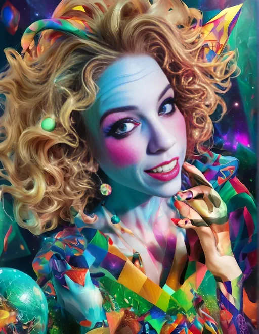 Prompt: Psychedelic hyperrealism of a female cosmic jester, long blond curly hair, vibrant psychedelic jester hat and attire and makeup, hallucinations, psilocybin, merry prankster of multidimensional geometry, tesseracts, hypercubes, trippy, highres, hyperrealism, cosmic, vibrant colors, hallucinatory, detailed makeup and attire, multidimensional, psychedelic