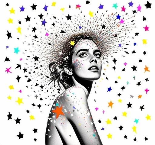 Prompt: <mymodel>Black and white halftone photograph of a girl, exploding with colorful multimedia stars, sparkles, and electric lightning bolts, created from paint, glitter, enamels, metal foils, iridescent paint, rhinestones, seed beads, dynamic and vibrant, high contrast, mixed media, dazzling explosion, detailed face and expression, high quality, highres, multimedia explosion, dynamic lighting, contrasted shadows, black and white, mixed media art