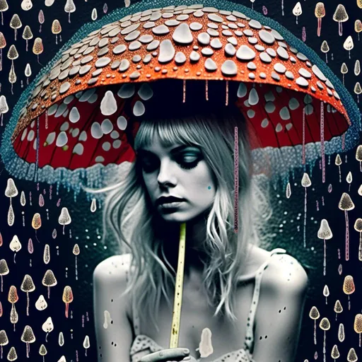 Prompt: <mymodel>Mixed media collage of a fungus fairy girl in the rain, mushroom umbrella, black and white and color photography, paint, glitter, sequins, metal, magazines, glass, unique textures, ethereal atmosphere, high quality, whimsical, surreal, fairy, mushroom umbrella, mixed media, collage, fungus girl, rain, unique textures, ethereal, surreal, magical, detailed wings, sparkling details