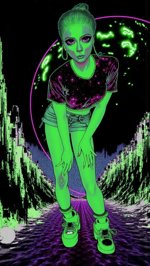 Prompt: **Prompt:**  
A green-skinned alien girl with a conical bald head and large solid black almond-shaped eyes is leaning slightly forward, her knees turned inward in a playful, mischievous pose. Her hands dangle loosely near her thighs, fingers spread casually, giving her a sassy and confident vibe. She’s dressed in a torn, neon crop top with jagged edges, fishnet stockings, and frayed, ultra-short denim shorts. Chunky platform sneakers with glowing accents complete her edgy, trashy look, and her metallic-painted nails catch the light, adding a flashy detail.  

The background is a surreal outer space scene, filled with swirling galaxies, shimmering stars, and glowing nebulae, all infused with glitching effects. Digital distortions ripple through the cosmic scene, with pixelated fragments, streaks of static, and cascading error lines blending seamlessly into the celestial environment. Bright neon colors pulse and flicker, as if the scene is part of a corrupted holographic projection. The edges of her figure glitch slightly, with parts of her blending into the swirling universe, creating a mesmerizing mix of cosmic beauty and digital chaos. The composition has a retro-futuristic, analog finish, like a distorted snapshot from a malfunctioning intergalactic feed.