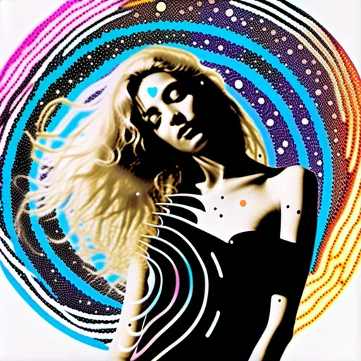 Prompt: <mymodel>Mixed media collage of an astral entity in the astral realms in outer space but also another beautiful glowing dimension of radiance
And love and light. She has long blond curly hair and appears as a photograph, maybe black and white or halftone, while the mixed media colors and sparkles and sacred geometries of the astral dimension swirls around her and out of her in the form of paint, foils, glitter, sparkles, rainbows, auras, sequins, enamels, rhinestones, thread, broken glass, etc