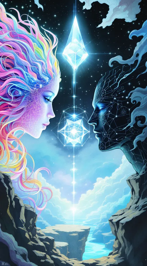 Prompt: A surreal La Planète Sauvage–style illustration of two pre-incarnate beings in a mythic extradimensional encounter. One is a radiant entity of rainbow fractal geometry—her form composed of translucent prisms, shifting polyhedra, Mandelbrot curls. Her long, wild pink hair spirals upward in gravity-defying coils, each strand etched in glowing glyphs. Her anatomy shifts softly between recognizable form and abstract structure, pulsing with light and symbolic resonance.

Facing her is a being of dark harmonic precision. His body is rendered in graphite-black and silver ink, composed of tessellated circuits, glyphic architecture, and magnetic geometry. His cobalt eyes beam silent frequency patterns that ripple through space, interacting with the radiant glyph-body of his counterpart. His limbs are strong yet elegant, every contour defined in stippled shadow and sacred symmetry.

Between them floats a glowing rhombic dodecahedron—a translucent object rotating in impossible motion, its faces shifting through crystalline logic. This construct emits colored waves, softly phasing through dimensions as if it were alive, humming with memory and code. The light it emits subtly transforms the beings’ forms as they reach toward it.

Surrounding them: a vast surreal terrain rendered in hand-drawn analog texture. Floating glyph-stones, melting rock formations, and large insectlike entities drift through a pastel-hued sky. The landscape is layered in stippling, crosshatching, and radiant color—a blend of coral, mint, violet, magenta, and electric blue. Shapes fold into one another like forgotten logic gates. The entire scene is intimate and sacred, vibrating with pre-incarnational recognition and the silent choreography of eternal forms.

Style: Hand-drawn surrealism with bright holofractal colors, soft ink lines, stippling, and analog textures.
