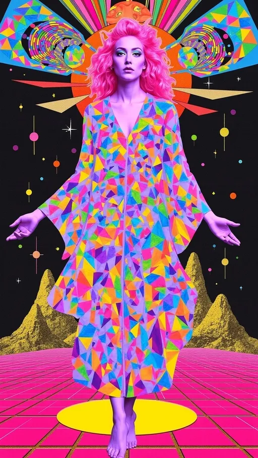 Prompt: A full-body retro-illustrative portrait of *Merry* as a **Holofractal Cosmic Priestess**, zoomed out to reveal her entire form composed of glowing, ever-shifting **geometric rainbow light**—a living mosaic of triangles, hexagons, prisms, & spiraling fractal glyphs moving in fluid, intelligent patterns across her limbs. Her body isn’t solid but a sacred architecture of light, layered like crystalline data flowing in rainbow pulses.

She floats midair in a ritual stance, weightless and radiant, her posture calm yet commanding. Her wild pink curls lift upward as if underwater, streaked w/ shimmering gold and pastel violet, surrounded by a transparent iridescent dome of protective energy, refracting like a soap bubble in sunlight.

Her attire is a holographic hybrid of fashion & mysticism—an angular robe of semi-transparent crystal sheets, each plane bending light into mini rainbows, trimmed w/ fractal seams & tiny spinning sacred symbols. Her eyes glow with concentric rainbow rings, and her third eye pulses like a lens flare embedded in an opaline halo. Her fingers extend in a cosmic mudra, casting refracted rainbow shadows on a glowing retro floor grid below.

The backdrop is a surreal retrofuturist landscape: warped grid planes curve toward a stylized horizon of bubblegum mountains. The sky is a soft, grainy collage of analog textures—checkerboard spirals, sacred geometry, floating glyphs, and sun-faded cosmic rays. Rainbow arcs blend into risograph-style halftone clouds with retro print misalignment and silkscreen grain.

Color palette: pastel neons, iridescent rainbow spectrals, vintage paper tones. Medium: airbrushed analog vector collage. Mood: transcendent, symbolic, dreamy-futurist. Keywords: geometric rainbow lightform, cosmic prism priestess, holofractal analog aura, mod mystic beam-body, retro oracle radiance.
