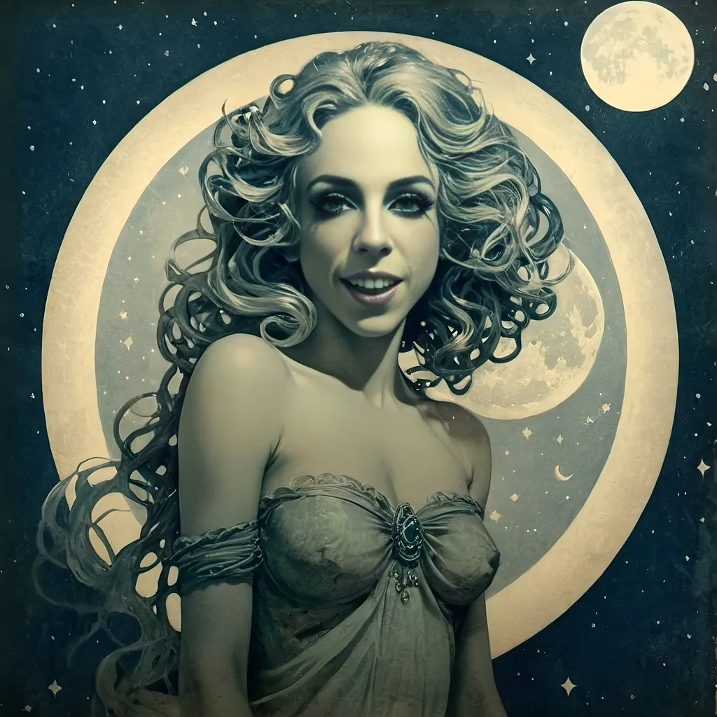 Prompt: Vintage Cyanotype print of a alien girl on the moon, long curly blond hair,  detailed silhouette, vintage artistic style, cool tones, subtle moonlight, high quality, cyanotype print, vintage, detailed silhouette, moon, girl, subtle lighting, cool tones