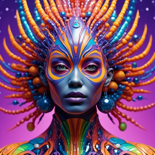 Prompt: <mymodel>High-quality 3D rendering of an extraterrestrial female, vibrant and colorful makeup, futuristic alien high fashion, ads-automotive style, alien goddess, detailed skin texture, otherworldly beauty, vibrant colors, cosmic makeup, holographic clothing, sleek design, professional lighting, sci-fi, highres, ultra-detailed, futuristic, vibrant tones, cosmic lighting