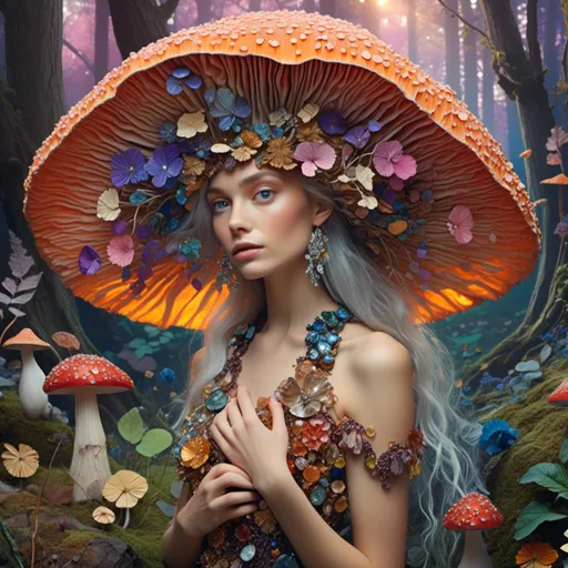 Prompt: <mymodel>Mushroom fairy princess in enchanted woodland, mushroom dress, magic mushrooms, woodland setting, nature-inspired accessories, high quality, fantasy, vibrant tones, ethereal lighting