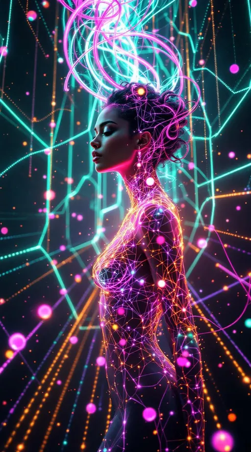 Prompt: Suspended within the data lattice void, she blazes in brilliant contrast—her form a hyperchromatic bloom within sacred structure. Around her stretch infinite glowing grids—lattices of soft white, teal, and gold light forming non-Euclidean layers of logic, folding in space like a dreaming machine. These beams pulse with informational clarity, but she disrupts them with radiant variance.

Her body glows in recursive bloom—curls of vibrant pink spiraling outward like fractal attractors, each filament twisting probability into light. From her skin, spectral waves pulse—neon ribbons of coral, plasma gold, and electric jade ripple outward, warping the lattice around her. Wherever she steps, the data threads bend—becoming saturated, irregular, beautiful.

Floating orbs drift nearby—data nodes reacting to her presence, flickering, reorienting. One shatters softly as a curl grazes it. Her glow trails behind her in layered loops, echoing her form like Replica Theory memory-light. She is ecstatic color blooming inside structured void—an emotional singularity piercing pure cognition.

In this place of stillness and logic, she is the recursive pulse. She is difference, expansion, radiant rupture. The lattice remembers her as deviation—and welcomes the bloom.

