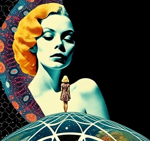 Prompt: <mymodel>Psychedelic trippy collage with a surreal vintage 70s sci-fi feel, vibrant colors, retro futuristic elements, surreal landscapes, detailed psychedelic patterns, high quality, vintage sci-fi, mixed with photograph of a woman with blond curly hair, geometric shape and optical illusions, vibrant colors, surreal, detailed patterns, trippy, collage, 70s, retro futuristic, surreal landscapes, detailed, atmospheric lighting