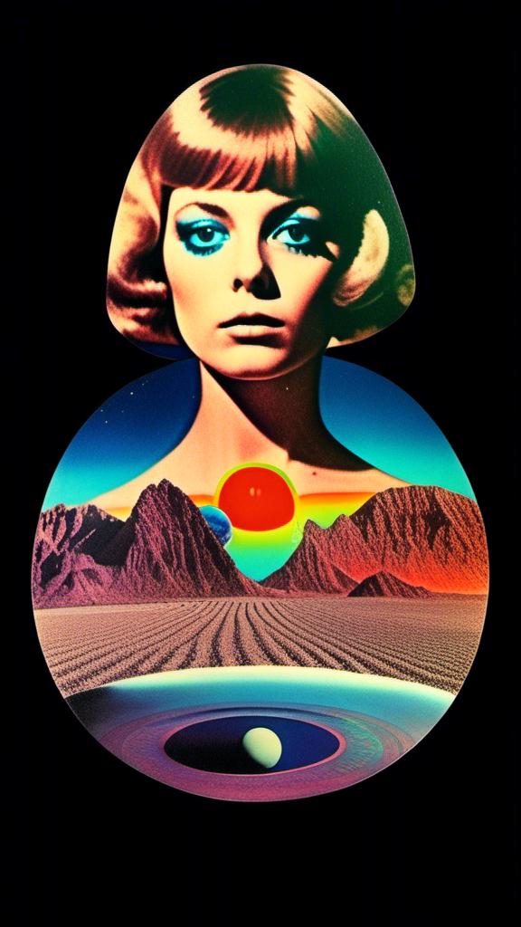 Prompt: a vintage 70s surreal psychedelic collage featuring a photograph of a young woman - it has a vintage 70s surreal science fiction art house feel to it. The photograph is cut out and edited into a collage made up of other photographs and art and feature things such as eyes, psychedelic third eyes, planets and stars, desert alien landscapes and mountains, psychedelic trippy patterns and optical illusions, psychedelic mushrooms, cats, UFOs, etc all mixed up together to create a surreal psychedelic collage effect<mymodel>