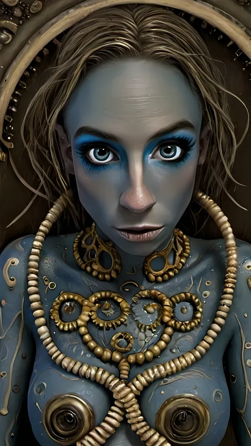 Prompt: Imagine a surreal portrait of yourself as a blue-skinned alien, inspired by the whimsical and grotesque style of Roland Topor. Your alien self has elongated limbs and exaggerated features, with large, expressive eyes that convey a sense of curiosity and mischief. The skin is a rich, cerulean blue with intricate patterns and textures, reminiscent of Topor's detailed line work. The background is a dreamlike landscape, filled with bizarre and otherworldly flora that seem to dance and sway. The overall composition is both unsettling and enchanting, capturing the essence of Topor's fantastical and absurd artistry. Key elements include surrealism, grotesque beauty, intricate patterns, and a whimsical alien world.