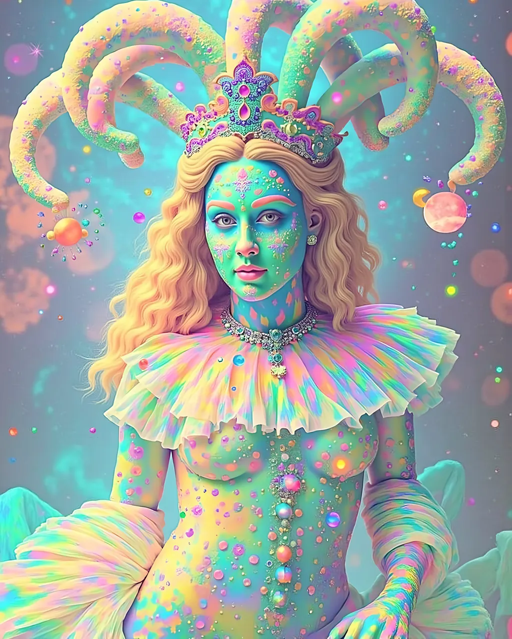 Prompt: A super hyperrealistic yet also illustrative and creative female cosmic jester, made entirely of swirling pure colored light, with long wild curly hair that appears blond but is a dazzling spectrum of hues. She is adorned in beautiful avant-garde "astral" jester's attire, complete with intricate harlequin clown makeup and a HUGELY OVERSTATED jester's hat that twists and bends into impossible, otherworldly shapes. Her hat sparkles with iridescent gems and glowing cosmic patterns, radiating a surreal, trippy energy. Her ensemble includes exquisite, shimmering accoutrements like glowing ribbons of stardust, cascading light veils, and crystalline bells that chime with the sound of distant galaxies. She sparkles, shines, and dazzles in a mesmerizing swirl of ever-changing colors, embodying the essence of cosmic whimsy and wonder. She stands on a floating, kaleidoscopic fractal platform that endlessly morphs and twists through the void of the astral realms. Behind her, a shimmering nebula of liquid rainbow light swirls and pulses, while shimmering comets streak across the scene. The cosmic jester juggles glowing orbs of quantum energy, each orb containing miniature universes that spin and glimmer with infinite possibilities. Her laughter echoes like a symphony of stars, and her every movement leaves trails of dazzling light that ripple like water across the fabric of space-time. The entire scene is awash with iridescent fractal spirals, the platform morphing with Mandelbrot set fractals, while liquid rainbow nebulae and glowing stardust create an atmosphere of pure astral magic.