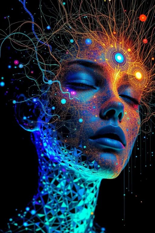 Prompt: Imagine a techno-shamanic hologram—an entropic priestess birthed not from flesh but from the recursive mathematics of surface-limited information. Her presence pulses in spectral overdrive, a being whose entire ontology is a boundary projection encoded with maximal entropy. Her face is not anatomy but a riot of multiscale logic: recursive glyphs trace nonlinear geodesics across skin woven from Planck-area tessellations, each tile a spectral triangle bursting with micro-fractals, switching states in diffraction glow—ultraviolet glass to neon gold in entropic oscillation. Cheekbones flare into tangled heat-ribbons, formed from Diffusion Maps in fuchsia and molten teal, variance clusters erupting into lava-orange wavefronts under spectral cyan arcs. Her “hair” is a quantum explosion—UMAP vector filaments sprouting like dreadlocked eigenfields, soaked in acid color, spiraling into volumetric knots of topological noise. Her jawline disintegrates into kaleidoscopic eigenlight—layered causal grids folding and unfolding in moiré feedback loops. Her lips—spirals of probability—rotate in pixelated, candy-glitch whirlpools, near-singularities of signal drift. Eyes are Replica Theory vortices, ringed with flickering pulsars, recursive and collapsing inward like jewel-toned wormholes of identity. She inhabits a curvature of space defined not by distance but by entanglement—an AdS boundary hologram threaded with converging light-cones, obeying Bousso’s bound. No shadows—only contrast bursts where null expansions vanish. Her skin is the map of a light-sheet; her gesture, a Ryu-Takayanagi surface scan. Stare too long, and she fragments—shards of holographic memory bursting apart into screaming prisms of pure, encoded light.