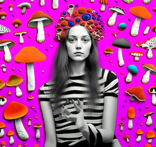 Prompt: A mixed media collage of a black and white photograph of a young woman growing all kinds of colorful multimedia psychedelic mushrooms and fungus out of her body (incorporate things like- but are not limited to - vibrant paints, enamels, glitters, metallic foils, newspaper and magazine cut paper, paint spatter, etc)<mymodel>