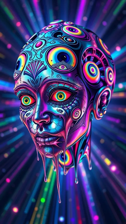 Prompt: 
A multifaced humanoid figure with kaleidoscopic eyes and fractal, iridescent skin, floating in a prismatic void. The body is layered with holographic drips, oil-slick textures, and liquid rainbow surfaces. Optical illusion patterns—black-and-white moiré and vibrant colored spirals—wrap around the figure, blending with glowing Mandelbrot fractals and sacred geometry. Recursive features repeat through the design: eyes within eyes, faces within faces, spiraling endlessly. The lighting glows from within the being, casting soft chromatic fog and subtle strobe shadows. Framed in a warped, kaleidoscopic close-up composition, with orbiting shards and fractal symmetry. Digital surrealism, glitchcore, sacred-tech aesthetic.

⸻

Would you like me to generate this as an image for you?