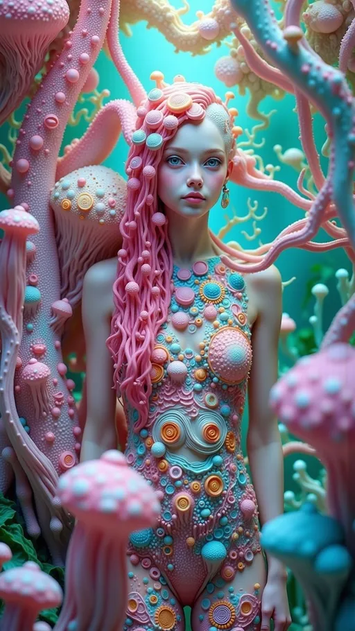 Prompt: Create an enchanting and surreal landscape featuring slime molds at various stages of reproduction, magnified to a macro scale that reveals their intricate beauty. The scene is a kaleidoscope of vibrant pastel pinks, oranges, and aquamarine blues, echoing a retro psychedelic aesthetic. Nestled within this organic tapestry is a caucasian slim woman with long wild pink very curly hair and blue eyes, her form subtly integrated into the landscape, as if she is part of the natural cycle. Her eyes, a striking blue, gaze out from amidst the undulating forms of the slime molds, which twist and coil around her like living jewelry.

The style is reminiscent of a combination of Ernst Haeckel's scientific illustrations and the psychedelic art movement, with a focus on hyper-realistic detailing that captures the delicate textures and translucent qualities of the slime molds. The medium appears to be a digital painting, with a high level of detail that brings the surreal forms to life. The mood is otherworldly and contemplative, inviting viewers to explore the hidden beauty of these often-overlooked organisms. The lighting is soft and ethereal, casting gentle highlights and shadows that enhance the organic forms and create a sense of depth. The outlines are fluid and organic, blending seamlessly into the background, creating a harmonious and immersive scene.