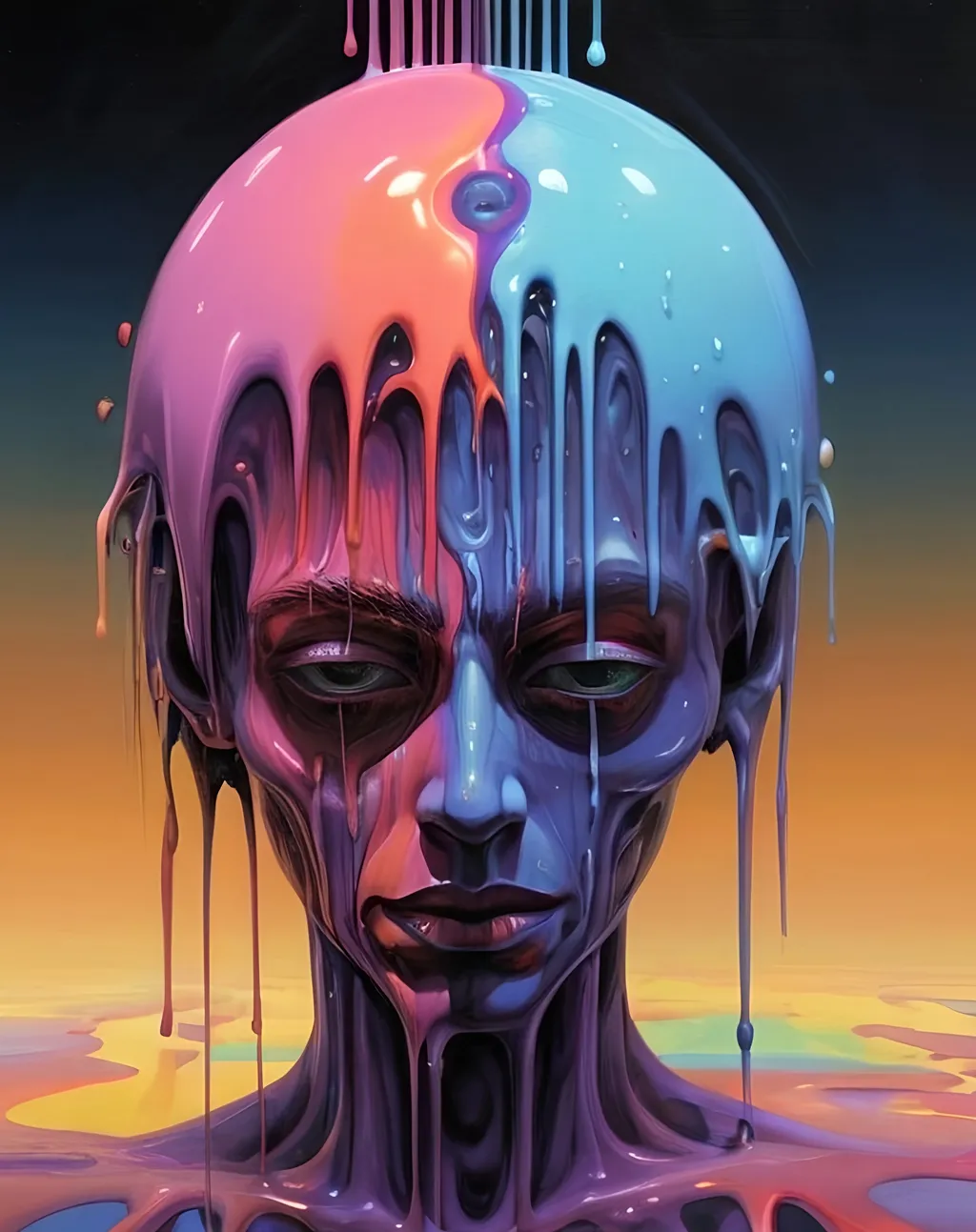 Prompt: Psychedelic hallucination of reality melting, ego death, melty, melting, drippy, drips dripping, Ooze