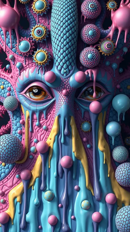 Prompt: Surreal psychedelic non-humanoid creature, beyond human comprehension, entity, trippy, crazy inhuman eyes, multidimensional, fractal, noneuclidien geometries geometric shapes tesseracts, melting, drips, hyper dimensional, drippy, aura, alien, extraterrestrial, extra dimensional,bizarre, ineffable, numinous, counsciousness, strange, unnerving but beautiful, biolocal, mechanical, blobs, atoms, particals, eyes