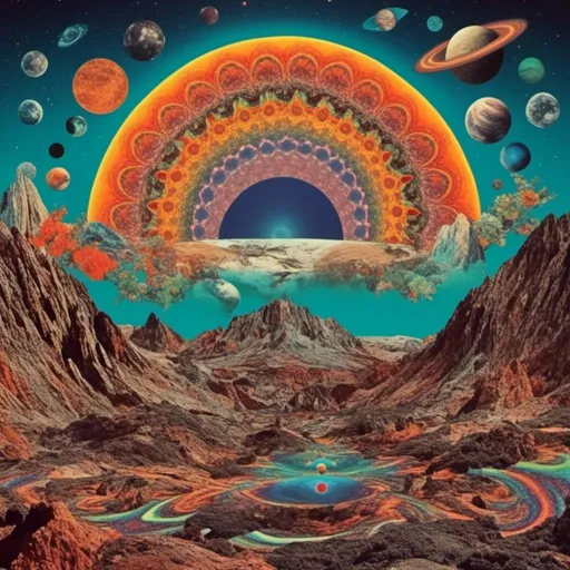 Prompt: <mymodel>Vintage 70s psychedelic collage of astral projection, chakras, planets, optical illusions, astral landscapes, high quality, retro art, vibrant colors, surreal, detailed patterns, trippy, astral planes, mind-bending, surreal, vibrant color palette, intricate details, intricate patterns, vibrant hues, surreal landscapes, retro vibes, professional, vibrant lighting