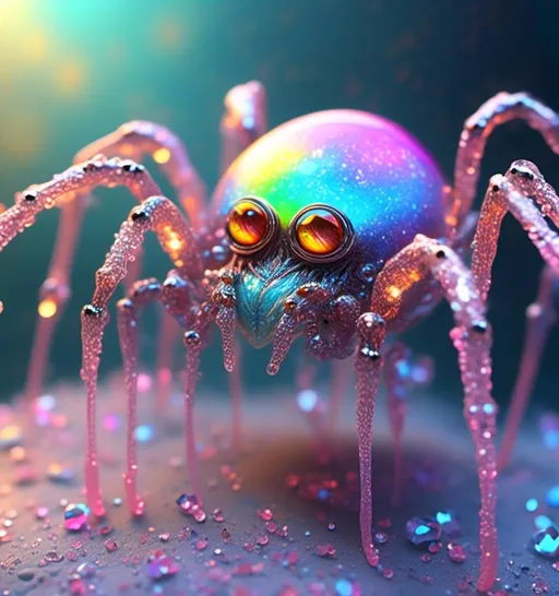 Prompt: <mymodel>extremely hyperrealistic extremely high textural beautiful female sentient spider entity, arachnid woman,8 eyes, humanoid, human woman with spider features, lots of light, extreme organic textures, white, translucent, bright pastel colors, oil slick rainbow sheen effect, silver, chrome, crystals, 
Arachnid, cephalothorax, abdomen, pedipalps, chelicerae, fangs, spinnerets, silk glands, book lungs, tracheae, 