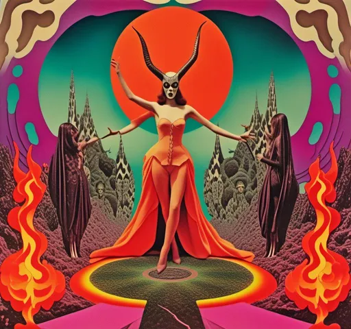 Prompt: a vintage surreal 70s psychedelic collage with the theme of hell, the fires of hell, the devil, and a succubus clothed in smoke fire and latex dancing. Utilize photography and art, trippy psychedelic patterns/optical illusions, orbs, flames, surreal hellish landscapes and geometry with a vintage 70s art house science fiction feel to this cut and paste surreal trippy collage <mymodel> 