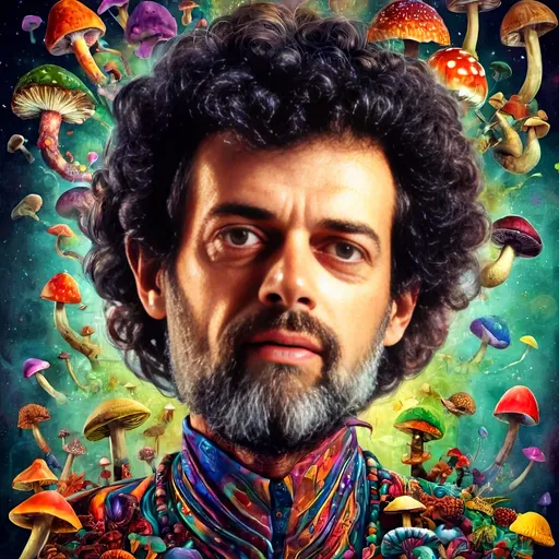 Prompt: Psychedelic poster art illustration of Terence McKenna with brain and psychedelic mushrooms, vibrant and surreal, high detailed, mixed media, trippy color palette, surreal lighting, detailed facial features, psychedelic, surreal, vibrant colors, detailed mushrooms, intricate brain, poster art, high quality, detailed illustration, mixed media, intense and surreal lighting