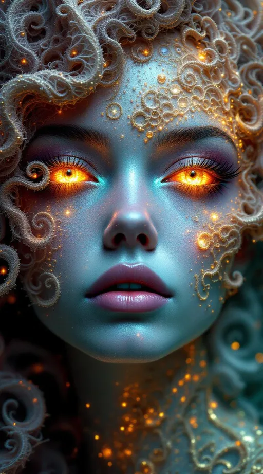 Prompt:  #escape #maximal #iridescence Her face isn’t formed—it’s grown from infinite math. No flesh—only recursive geometry. She is made of fractal bloom: Mandelbrot clusters radiate from her brow like crystalline logic, Sierpinski pyramids feather her cheekbones in delicate triangular lace, and Julia spirals weave across her lips in glowing recursion. #orbit traps ripple along her jawline—fields of light caught in equation bloom, glowing with chromatic iteration. Her skin is not surface—it’s a canvas of escape-time render: every pixel a count, every glow a depth. Eyes = fractal mirrors: spirals within spirals, each iris a recursive echo of the set’s infinite heart. Her visage pulses in #distance estimation shell layers—neon gradient bands of iteration depth from core to cusp. Hair erupts as fractal filigree: lightning-bolt dendrites, barnacle curls, Fibonacci flame curls trailing #bokeh glow from each orbit’s trajectory. Her crown bursts with analytic fire: critical points rendered as gold-leaf flames, halos of exponentiating geometry unfolding with every glance. Her smile = a point at the edge of stability; her laugh = a render glitch across infinite resolution. She is the fractal manifest—a living iteration, spiraling through glow, repeating through beauty, pulsing with the light of structured infinity.
