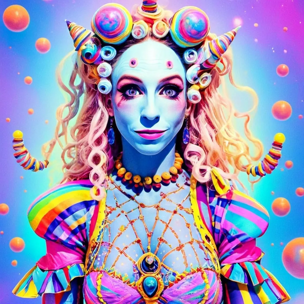 Prompt: A super hyperrealistic yet also illustrative and creative female cosmic jester, made entirely of swirling pure colored light, with long wild curly hair that appears blond but is a dazzling spectrum of hues. She is adorned in beautiful avant-garde "astral" jester's attire, complete with intricate harlequin clown makeup and a HUGELY OVERSTATED jester's hat that twists and bends into impossible, otherworldly shapes. Her hat sparkles with iridescent gems and glowing cosmic patterns, radiating a surreal, trippy energy. Her ensemble includes exquisite, shimmering accoutrements like glowing ribbons of stardust, cascading light veils, and crystalline bells that chime with the sound of distant galaxies. She sparkles, shines, and dazzles in a mesmerizing swirl of ever-changing colors, embodying the essence of cosmic whimsy and wonder. She stands on a floating, kaleidoscopic fractal platform that endlessly morphs and twists through the void of the astral realms. Behind her, a shimmering nebula of liquid rainbow light swirls and pulses, while shimmering comets streak across the scene. The cosmic jester juggles glowing orbs of quantum energy, each orb containing miniature universes that spin and glimmer with infinite possibilities. Her laughter echoes like a symphony of stars, and her every movement leaves trails of dazzling light that ripple like water across the fabric of space-time. The entire scene is awash with iridescent fractal spirals, the platform morphing with Mandelbrot set fractals, while liquid rainbow nebulae and glowing stardust create an atmosphere of pure astral magic.