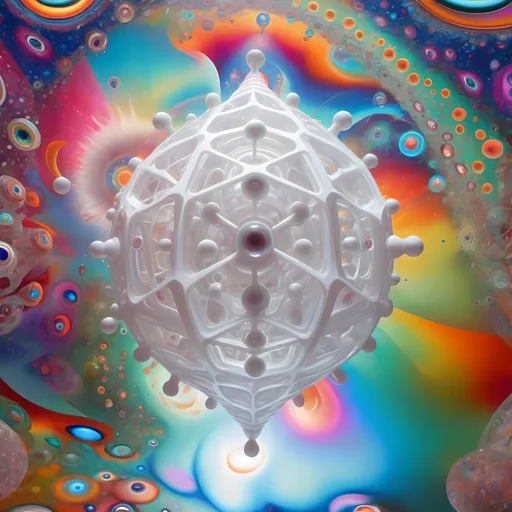 Prompt: a translucent white many sided multidimensional extra dimensional geometric shape churning through many extra dimensions etherically, covered in eyes, biological and mechanical simultaneously with random pops of brilliant vibid psychedelic color 