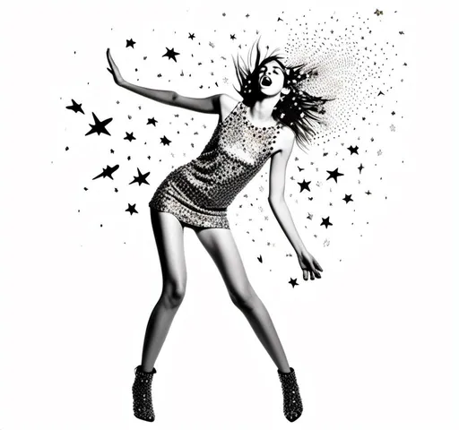 Prompt: <mymodel>Black and white halftone photograph of a girl, exploding with colorful multimedia stars, sparkles, and electric lightning bolts, created from paint, glitter, enamels, metal foils, iridescent paint, rhinestones, seed beads, dynamic and vibrant, high contrast, mixed media, dazzling explosion, detailed face and expression, high quality, highres, multimedia explosion, dynamic lighting, contrasted shadows, black and white, mixed media art