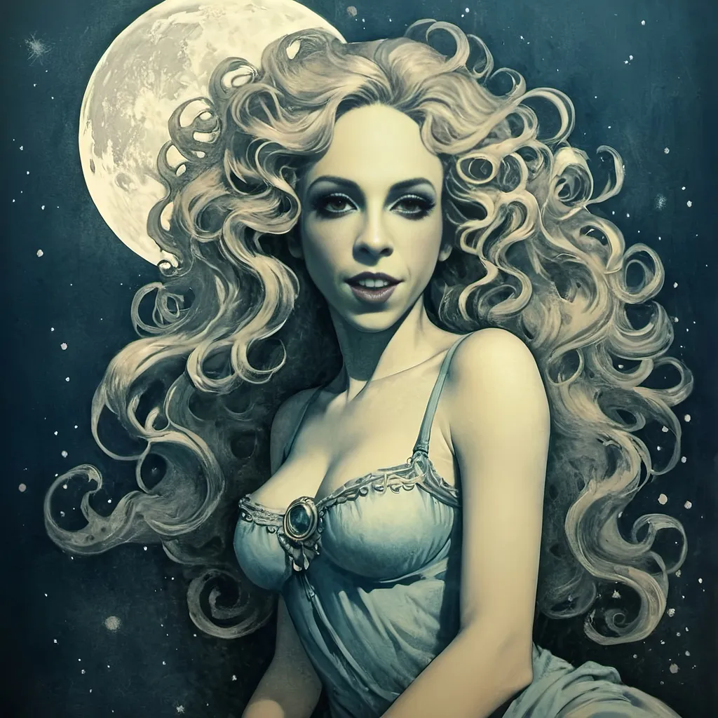 Prompt: Vintage Cyanotype print of a alien girl on the moon, long curly blond hair,  detailed silhouette, vintage artistic style, cool tones, subtle moonlight, high quality, cyanotype print, vintage, detailed silhouette, moon, girl, subtle lighting, cool tones