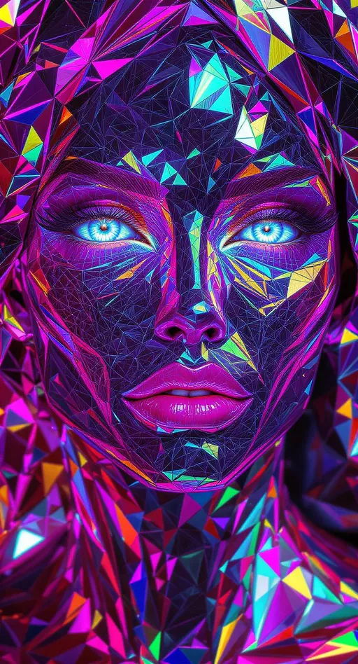 Prompt: A stunningly hyperreal female face constructed entirely from prismatic triangular geometry, every surface a radiant tessellation of colored light. Her skin is not skin—it’s a seamless lattice of microscopic fractured polygons, like a Delaunay triangulation stretched across a luminous surface. Each triangle glows with its own spectral hue, forming a living rainbow mosaic that shimmers and refracts with every subtle movement.

Her eyes are crystal pools—iridescent vortexes of nested fractals, ringed with impossible detail and burning with internal light. The lashes curl with holographic sheen, and her brows arch in smooth curves of color-filtered vector texture. Her lips, full and radiant, pulse with saturated pinks and fuchsias—polygonal planes that catch and scatter light as if made of stained glass. The contours of her face blend into the surrounding tessellated field—there are no seams, only recursive geometry transitioning into environment, like she is the world dreaming herself into face-form.

Subsurface shimmer travels across her cheeks, catching every edge with refractive glow. The entire composition is built from fractal meshwork, gleaming with spectral intensity—no noise, only order. Light bends across her in crystalline refractions, each one calculated by sacred math. She exists not in matter, but in form and color alone: a being built from recursive geometry, spectral vectors, and living light.

Tags:
#FractalMeshFace #PrismaticGeometryWoman #TessellatedBeauty #RainbowTriangulation #RecursiveSkin #CrystalLightBeing #IridescentFaceOfMath #PolygonalGlowQueen #NoFleshOnlyStructure
