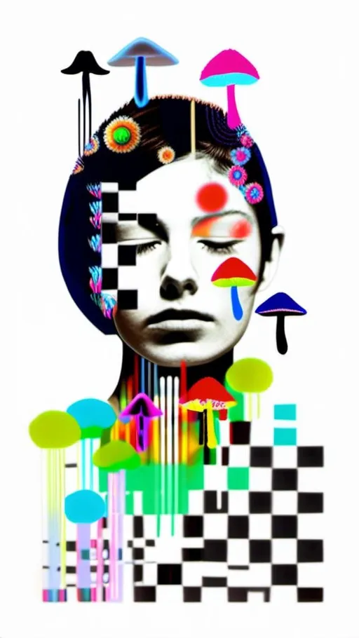 Prompt: A mixed media collage of a black and white photograph of a young woman growing all kinds of colorful multimedia psychedelic mushrooms and fungus out of her body (incorporate things like- but are not limited to - vibrant paints, enamels, glitters, metallic foils, newspaper and magazine cut paper, paint spatter, etc)<mymodel>