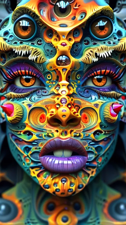 Prompt: Create an extremely hyper-realistic, ultra super textural, weird, trippy, surreal, psychedelic eyes/teeth/mouth pattern/design based on the “labyrinth fractal” & “op art tiling” with lots of human eyes (crazy colorful compound psychedelic), rows of human teeth, human lips, and tongues. 

- **Colors**: determined by the natural properties and expressions of the elements (& their isotopes), raw rough minerals, and metals:
- Molybdenum (Mo)
- Fire Opal

**Shapes and forms**
- main form: “labyrinth fractal”
-other shapes determined by the natural properties and expressions of the elements (& their isotopes), raw rough minerals, metals, and biological organisms: 
- Molybdenum (Mo)
- Fire Opal

- **Textures**: Derived from any/all elements (& their isotopes), minerals, metals, crystals, organic things mentioned in this prompt: 
- “labyrinth fractal”
- Molybdenum (Mo)
- Fire Opal

**Composition and Layout**:
- a pattern/design based on “labyrinth fractal”
- 3 dimensional


**Lighting**
- lots and lots of bright shining reflective light
- opalescence


**Detail and Atmosphere**:
- Extreme hyperrealistic sharp high detail high definition organic and mineral textures
- Psychedelic, weird, odd, surreal atmosphere
- Frozen in time

**Additional Elements**:
- extra rows of teeth, lips, many eyes, “labrynth fractal”, Aventurescence, Chatoyancy