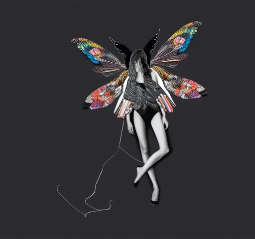 Prompt: a photograph of a woman (color or black and white) with multimedia elements added to create the appearance that she is a beautiful intricate moth, with moth wings and antennae created from paint, paper, photos, glitter, iridescent enamels, nail polish, rhinestones, thread and string, fabric, folded paper etc<mymodel>