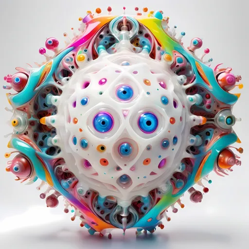 Prompt: a translucent white many sided multidimensional extra dimensional geometric shape churning through many extra dimensions etherically, covered in eyes, biological and mechanical simultaneously with random pops of brilliant vibid psychedelic color 