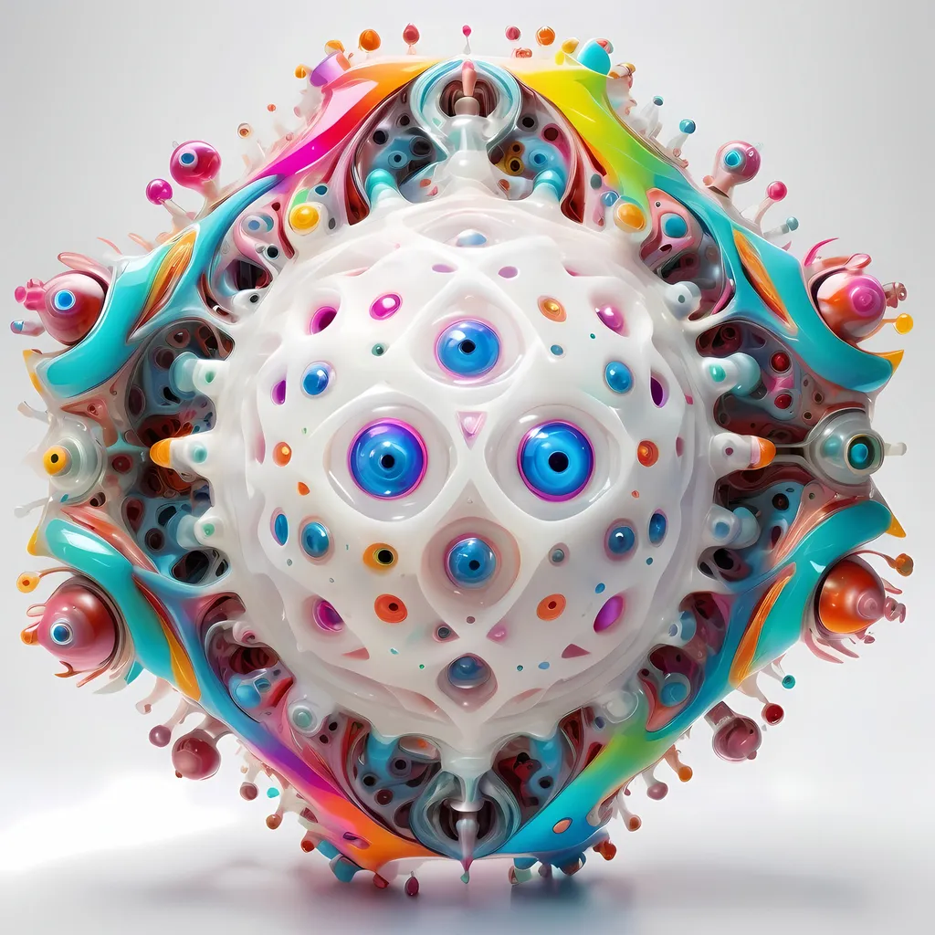 Prompt: a translucent white many sided multidimensional extra dimensional geometric shape churning through many extra dimensions etherically, covered in eyes, biological and mechanical simultaneously with random pops of brilliant vibid psychedelic color 